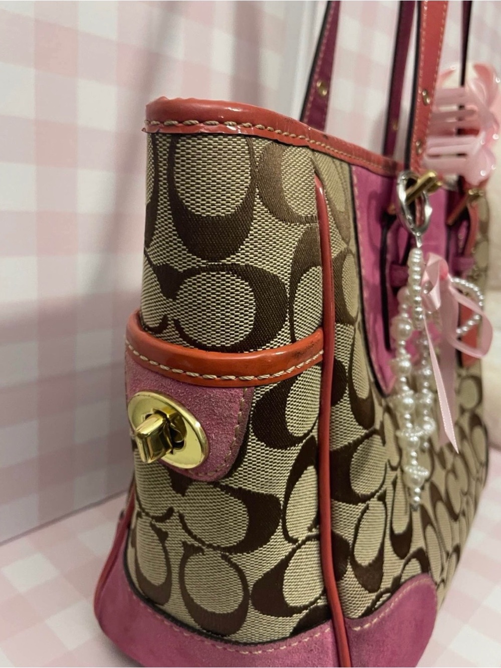 Vintage Coach Brown Signature Canvas Tote with Pink Leather Accents - Picture 3 of 10